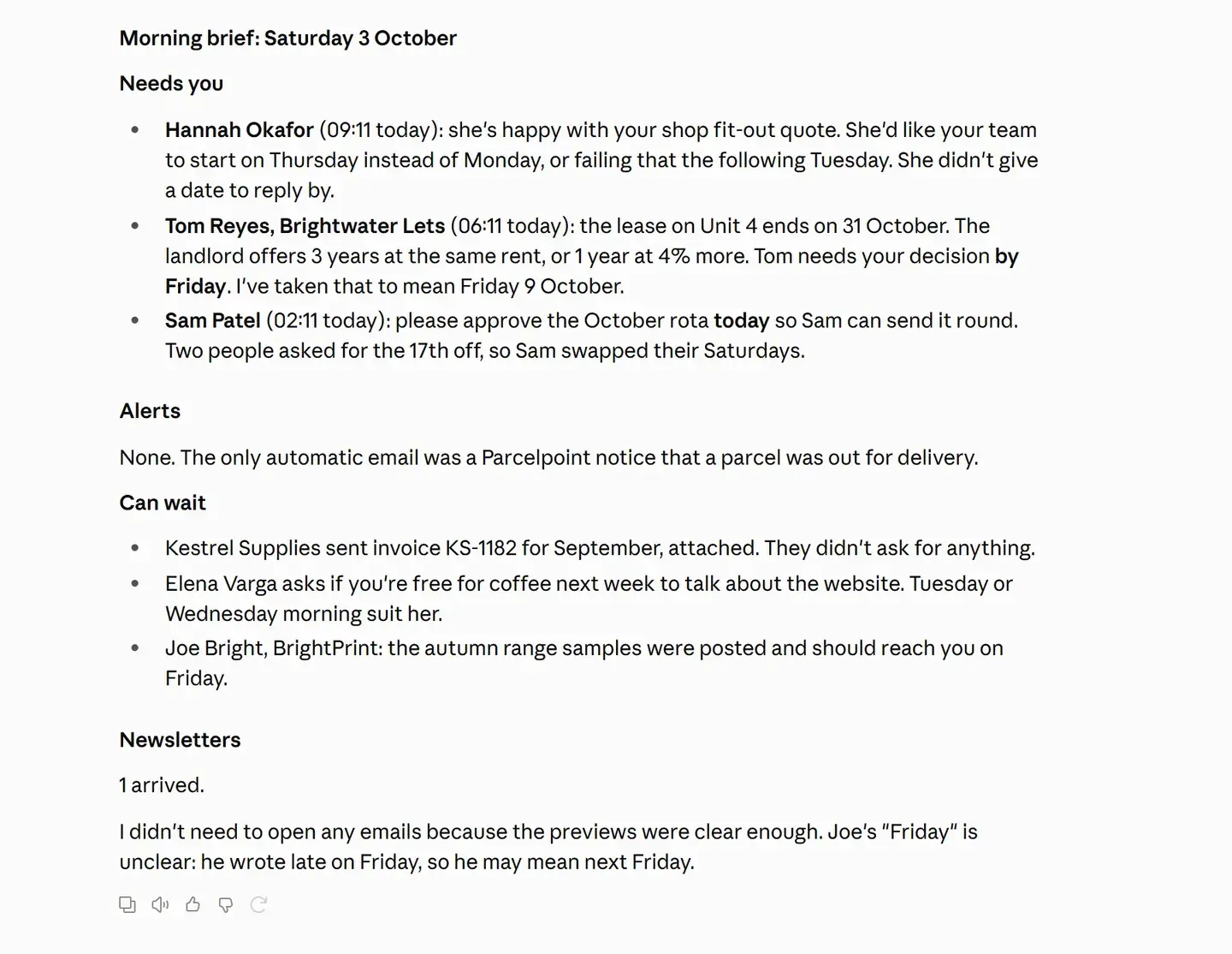 A morning brief written by Claude after a scheduled run: under Needs you, Hannah Okafor asking to start the shop fit-out on Thursday, Tom Reyes needing a lease decision by Friday, which Claude took to mean Friday 9 October, and Sam Patel asking for the October rota to be approved today; under Alerts, only a parcel delivery notice; under Can wait, a supplier invoice, a coffee invitation and a samples update; one newsletter; and a note that one sender's Friday was unclear