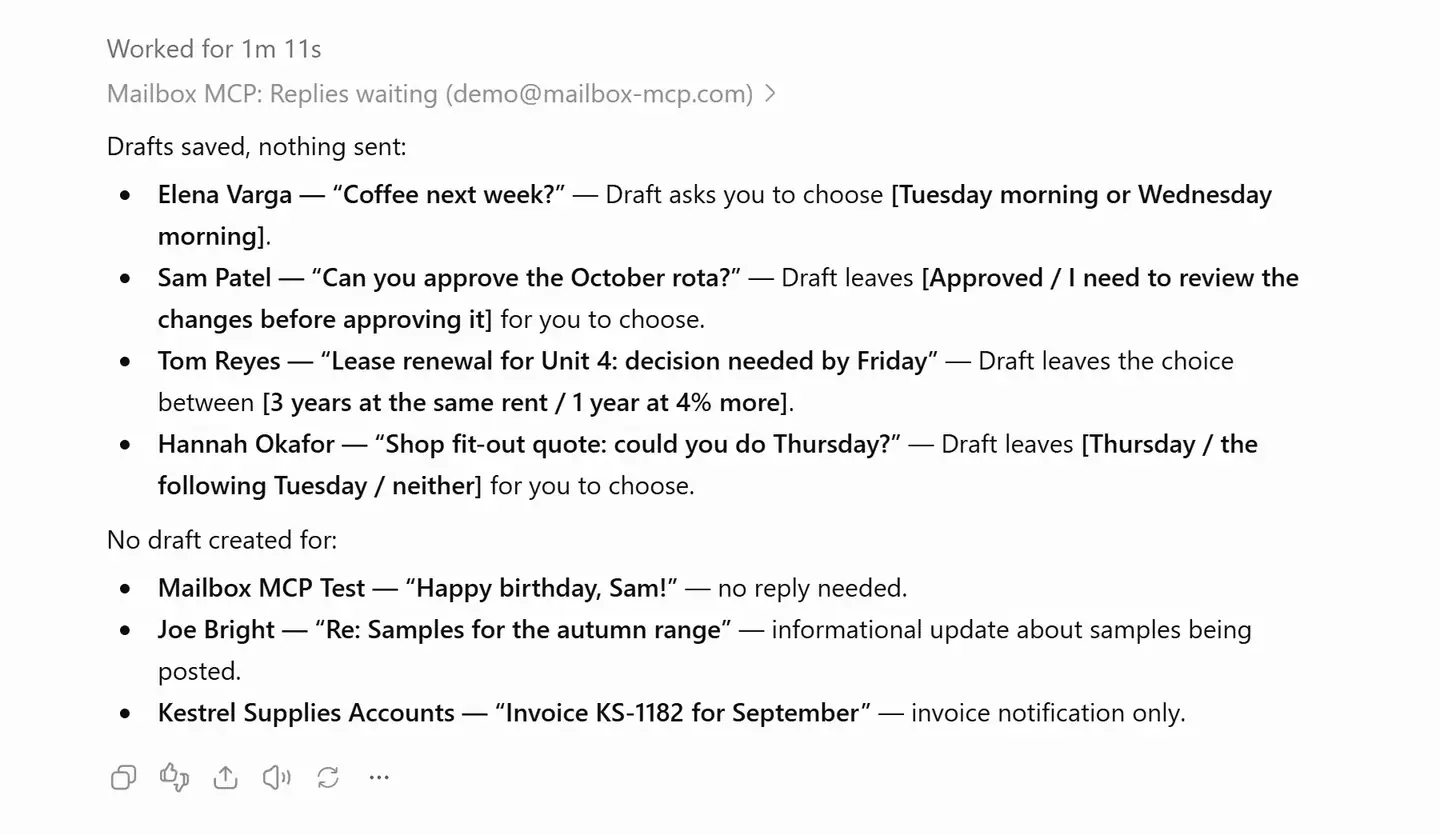ChatGPT's report after a Replies waiting run: drafts saved and nothing sent, for Elena Varga about coffee next week with the choice of Tuesday or Wednesday morning left in brackets, Sam Patel about approving the October rota, Tom Reyes about the lease renewal with the choice between three years at the same rent or one year at 4% more, and Hannah Okafor about the shop fit-out start date; and no draft for a birthday message, a samples update or an invoice notification