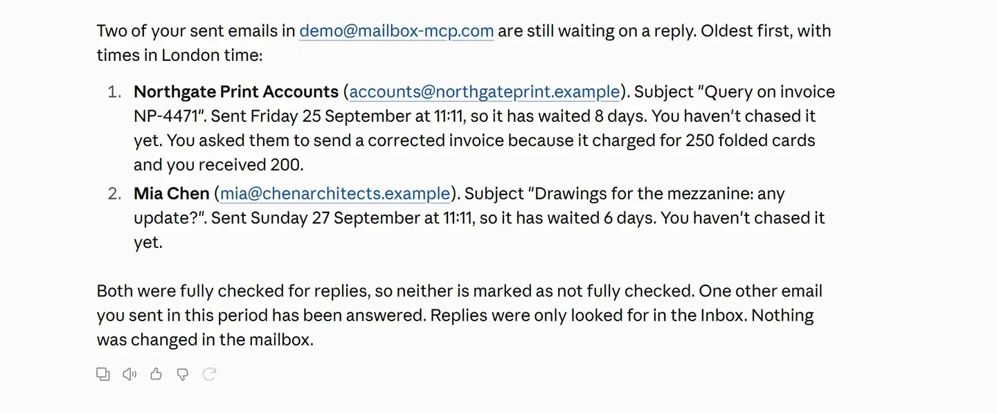 Claude's reply after a Waiting on run: two sent emails still waiting on an answer, oldest first, a request to Northgate Print for a corrected invoice that has waited 8 days and a question to Mia Chen about drawings for the mezzanine that has waited 6 days, with nothing changed in the mailbox