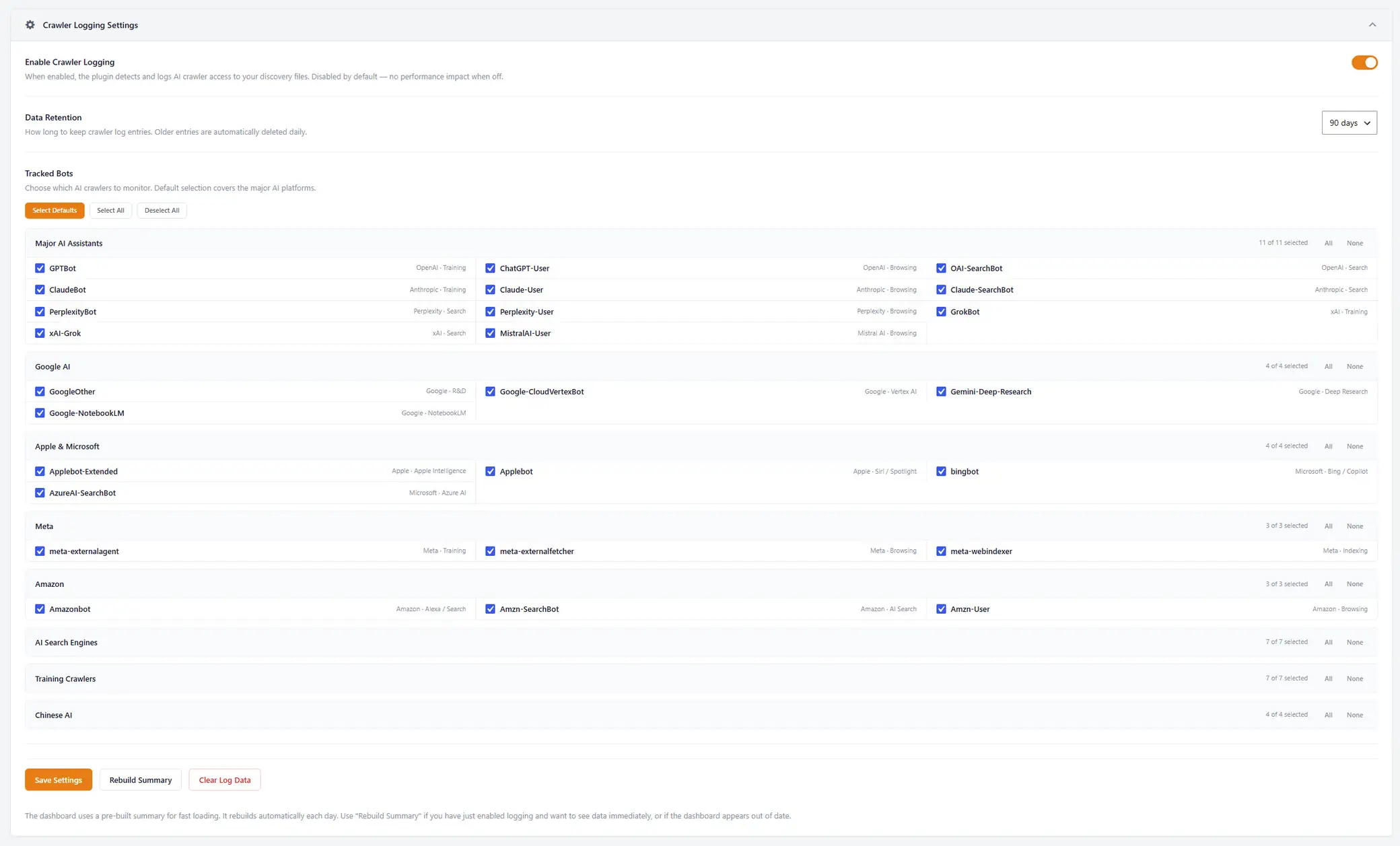 Crawler Logging Settings panel with an enable toggle, 90-day data retention selector, and per-bot checkboxes for 43 AI crawlers grouped into Major AI Assistants, Google AI, Apple and Microsoft, Meta, Amazon, AI Search Engines, Training Crawlers and Chinese AI