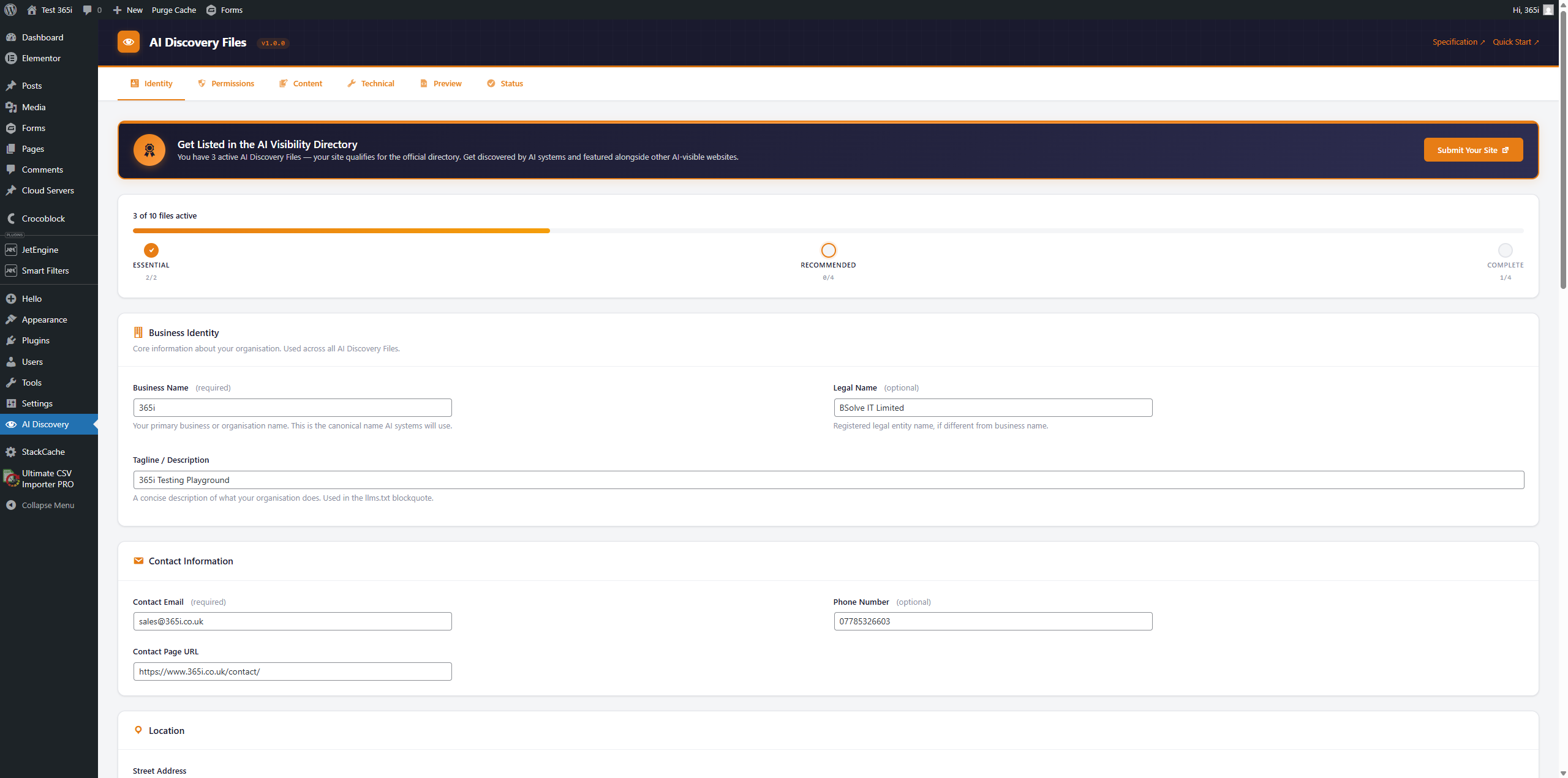 Identity Tab — Business name, contact details, location, and services — everything AI systems need to identify your organisation.