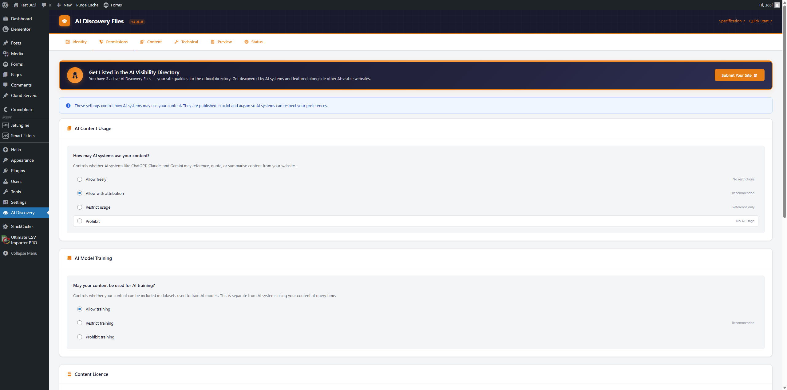 Permissions Tab — Control how AI systems use your content — set usage permissions, training preferences, and crawler access rules.