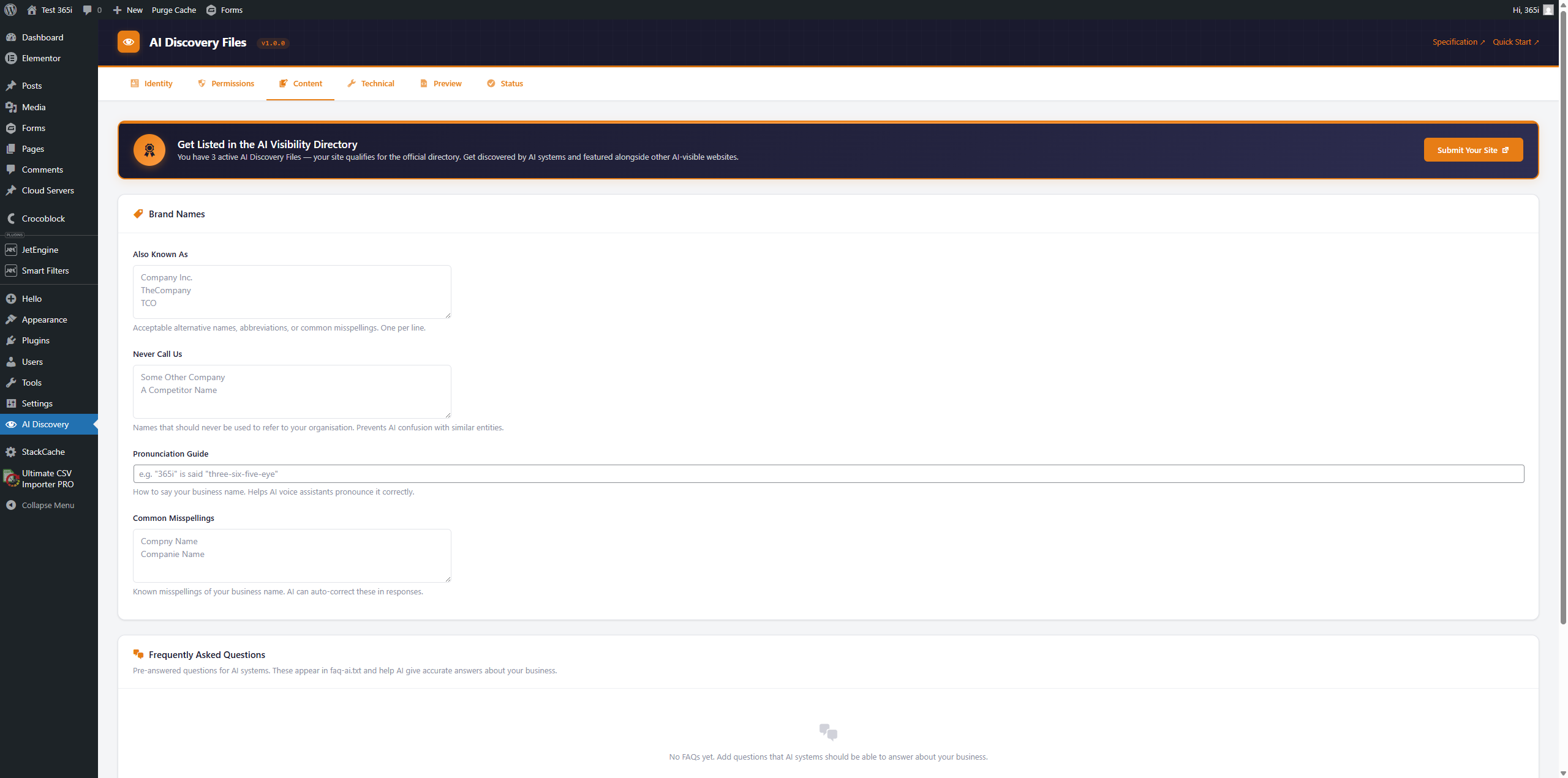 Content Tab — Build FAQs for AI to answer and define brand naming rules, misspellings, and terminology.