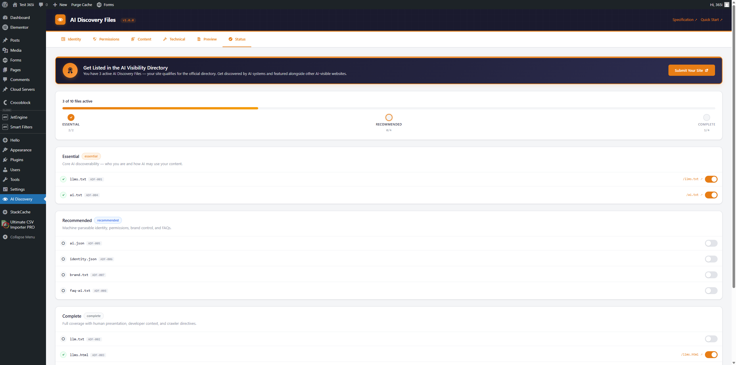 Status Tab — File activation, validation results, conflict detection, and tier progress at a glance.